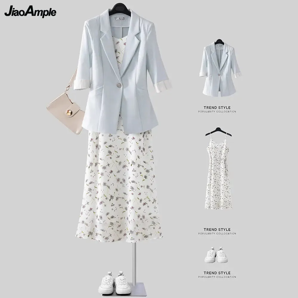 مجموعة أروين التجارية ARWEN & AJH GROUP Women Two Pieces Dress Set 2024 Summer Office Lady Graceful Joker Print Chiffon Sleeveless Dress Suit Coats Sets Blue Clothing