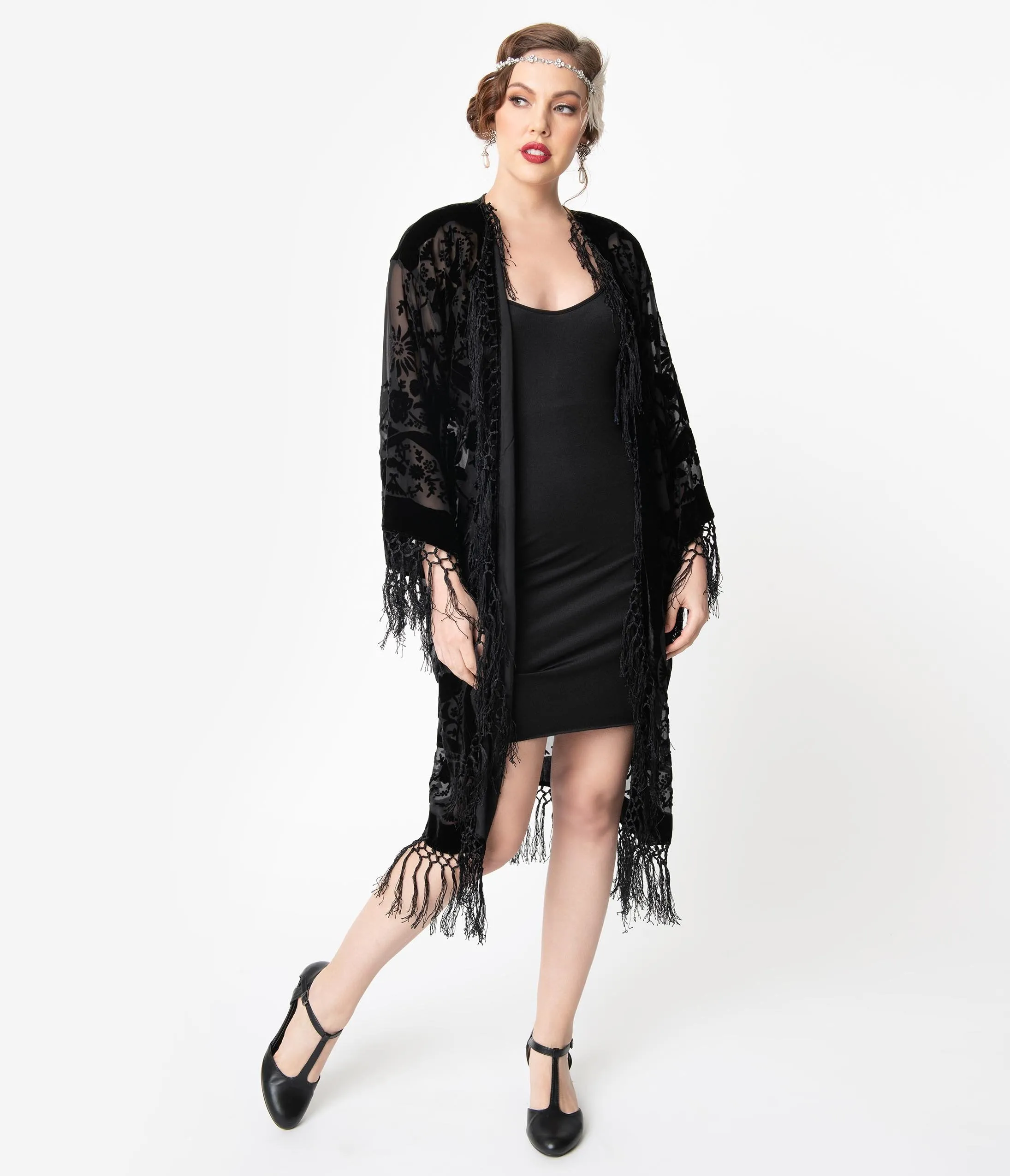 1920s Style Black Devore Velvet Fringe Long Flapper Coat