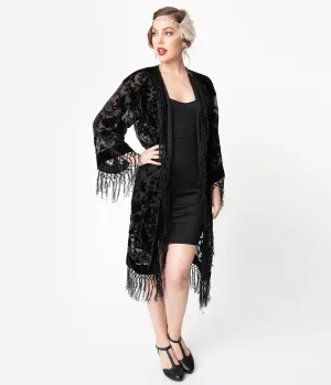 1920s Style Black Devore Velvet Fringe Long Flapper Coat