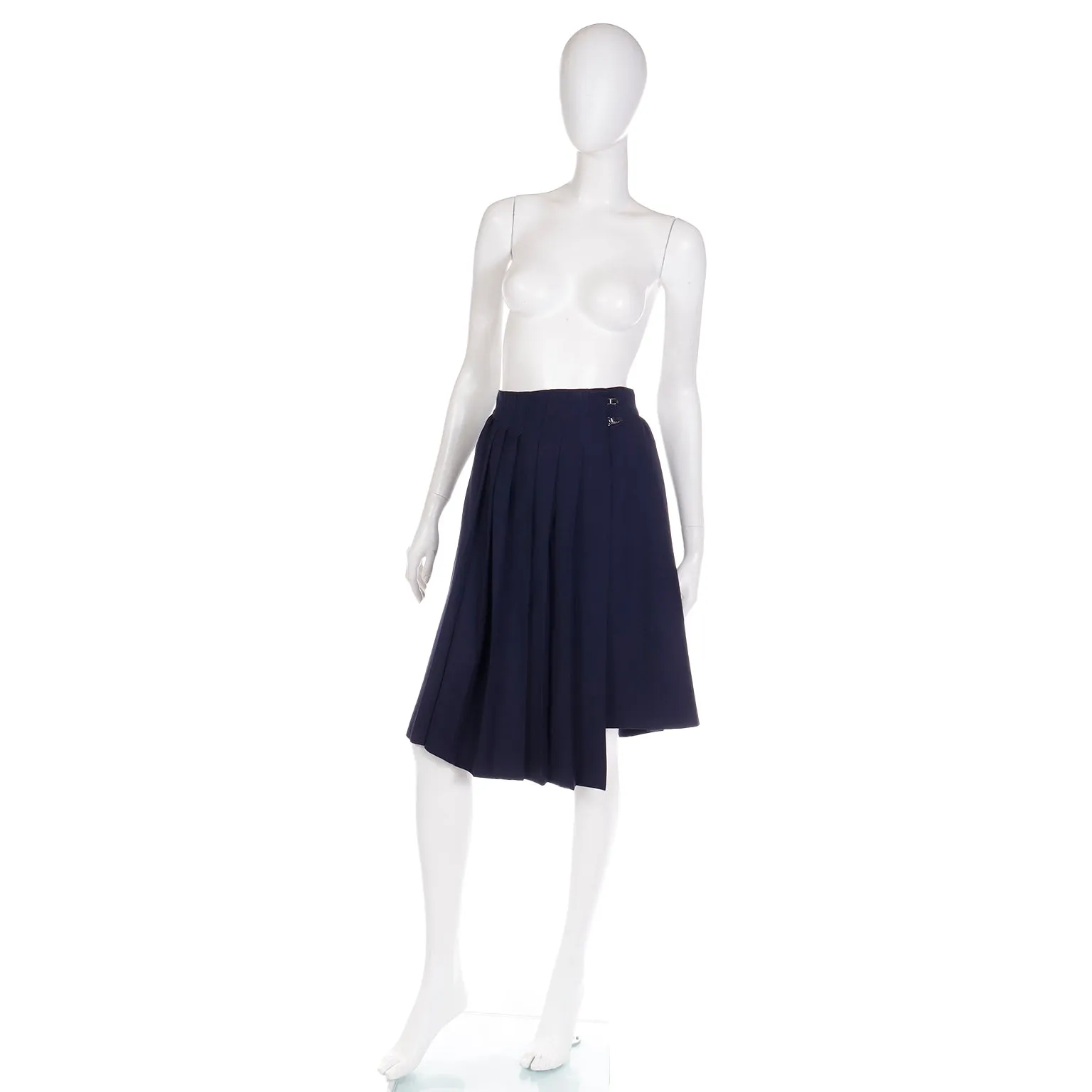 1980s Claude Montana Asymmetrical Pleated Navy Blue Wool Skirt