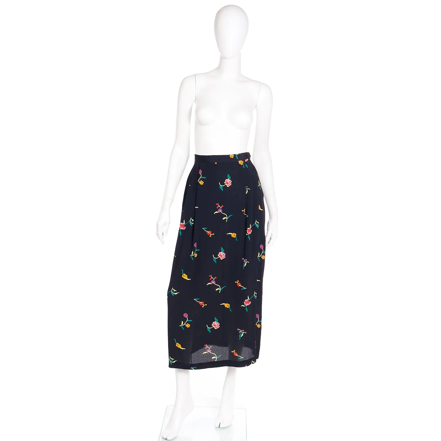 1980s Norma Kamali Black Midi Skirt in Colorful Floral Print