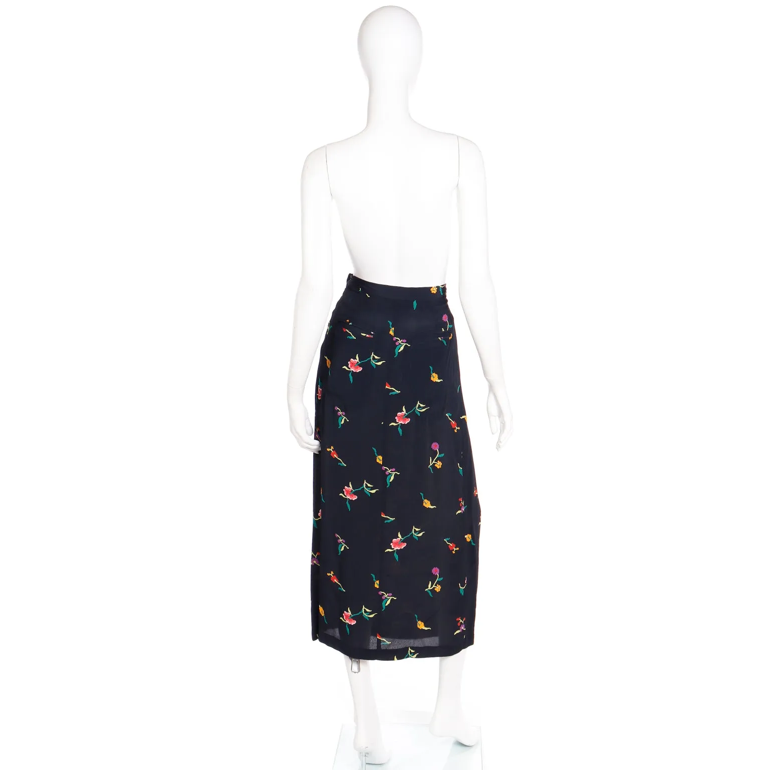 1980s Norma Kamali Black Midi Skirt in Colorful Floral Print