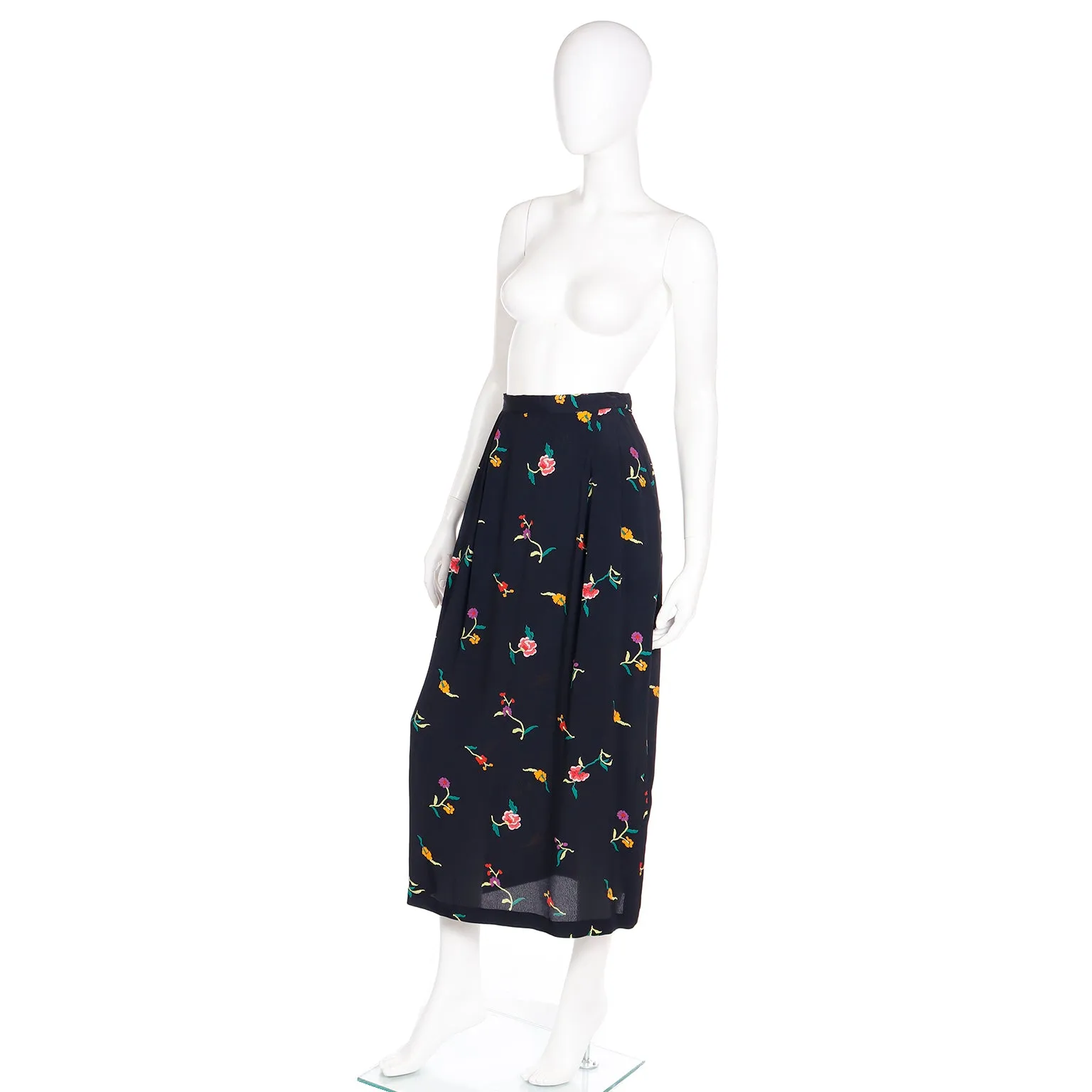 1980s Norma Kamali Black Midi Skirt in Colorful Floral Print