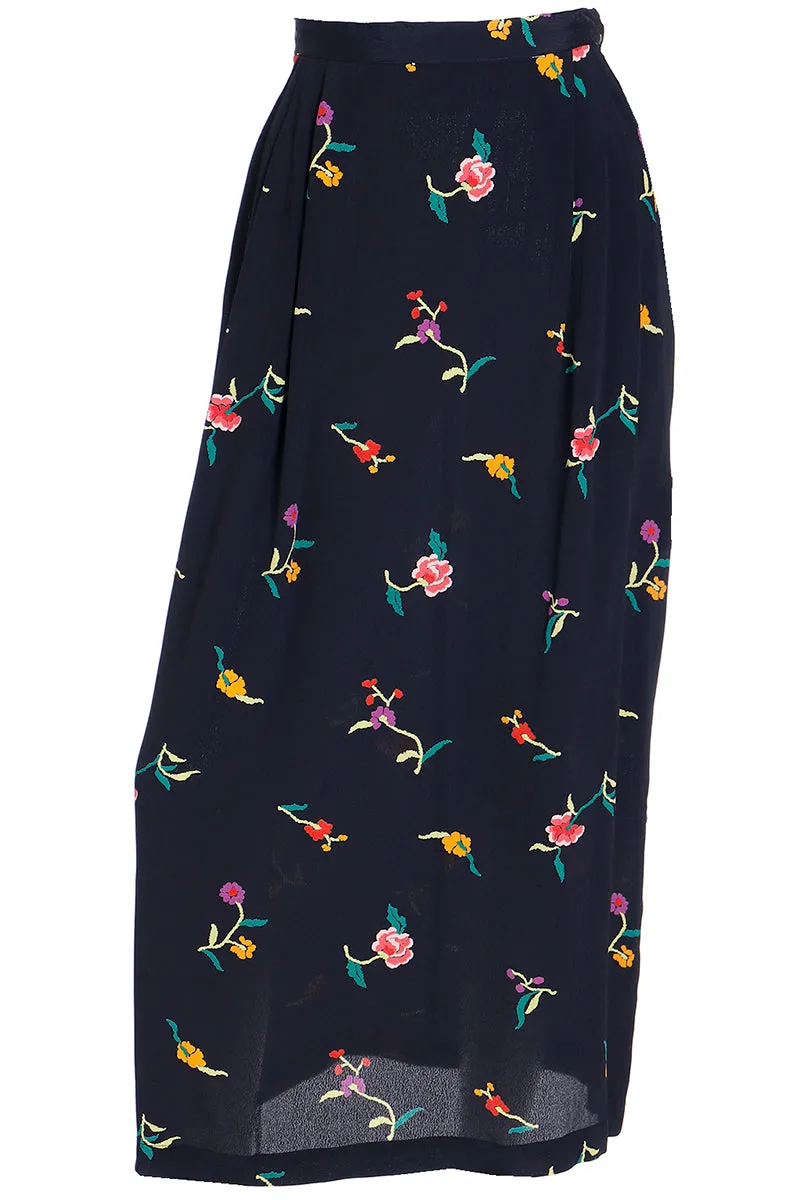 1980s Norma Kamali Black Midi Skirt in Colorful Floral Print