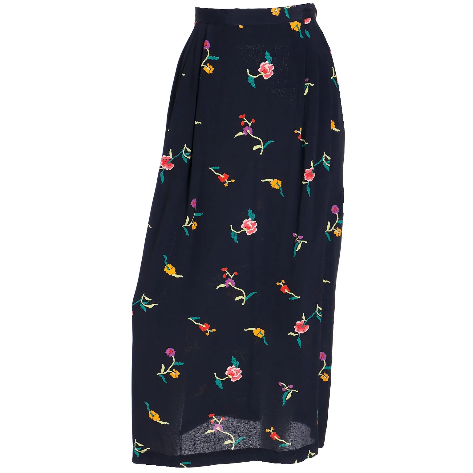 1980s Norma Kamali Black Midi Skirt in Colorful Floral Print