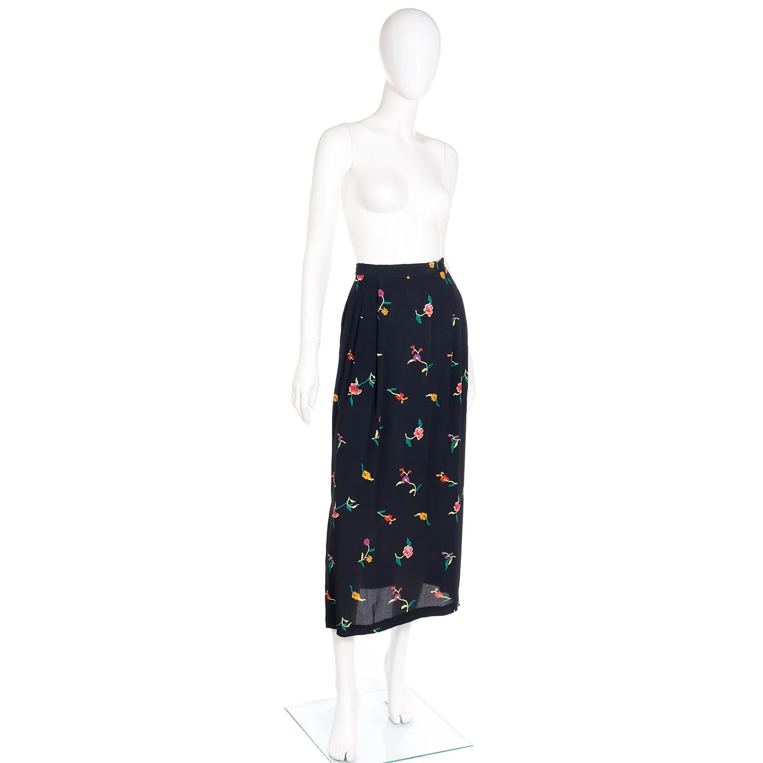 1980s Norma Kamali Black Midi Skirt in Colorful Floral Print