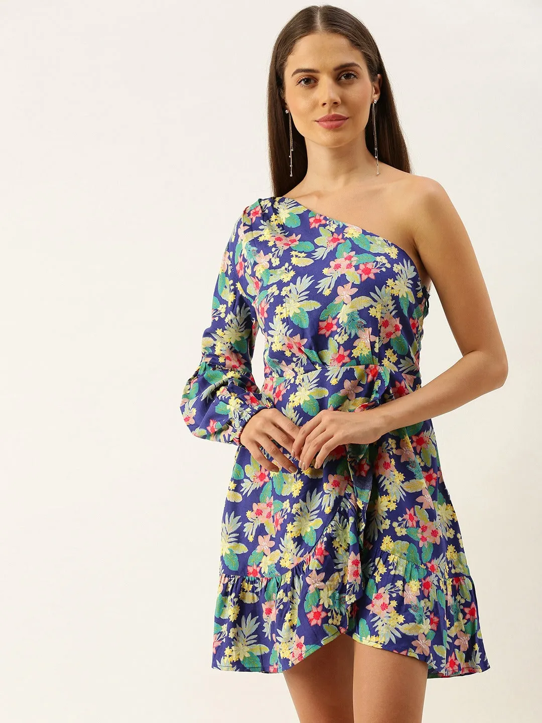 Berrylush Women Blue & Green Floral Printed One-Shoulder Neck Tulip Hem Fit & Flare Mini Dress