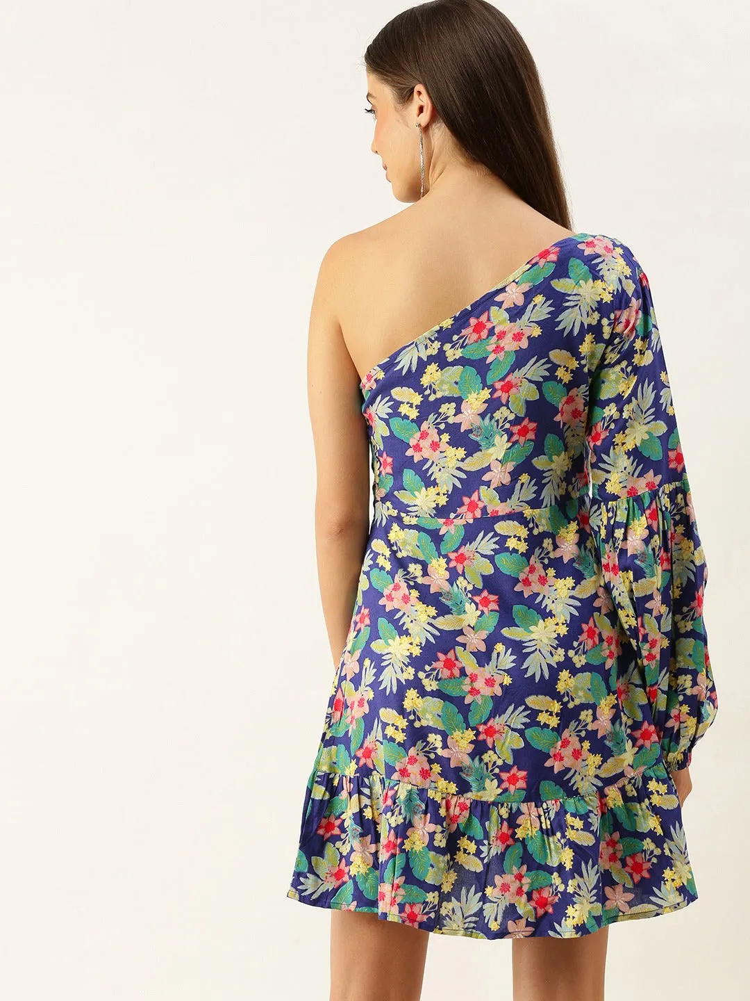 Berrylush Women Blue & Green Floral Printed One-Shoulder Neck Tulip Hem Fit & Flare Mini Dress