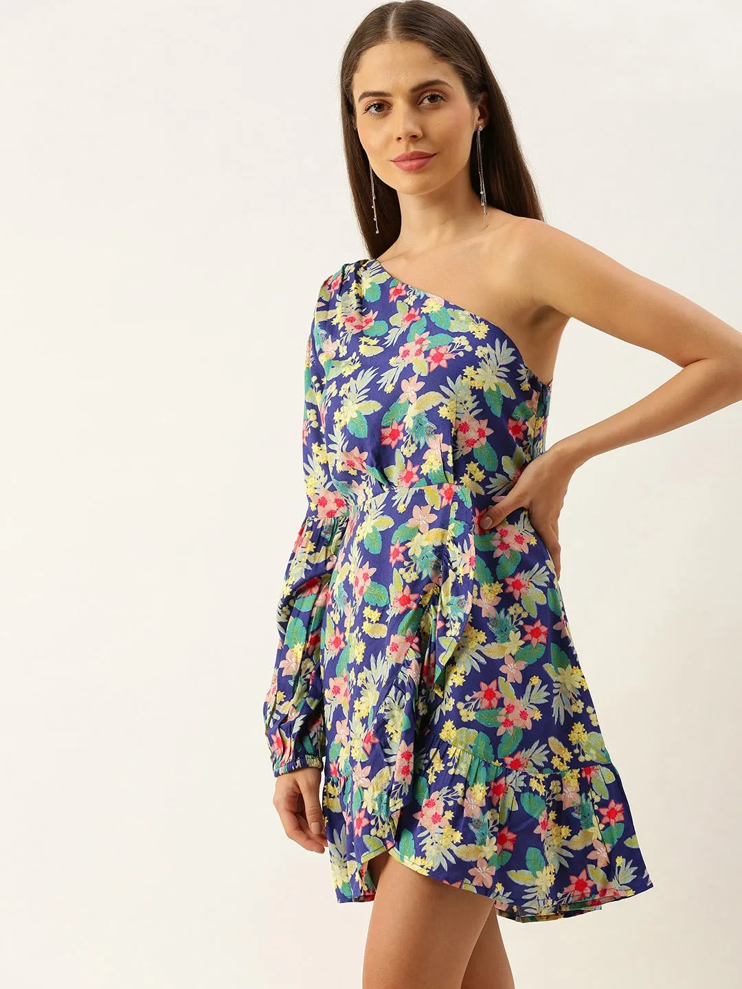 Berrylush Women Blue & Green Floral Printed One-Shoulder Neck Tulip Hem Fit & Flare Mini Dress