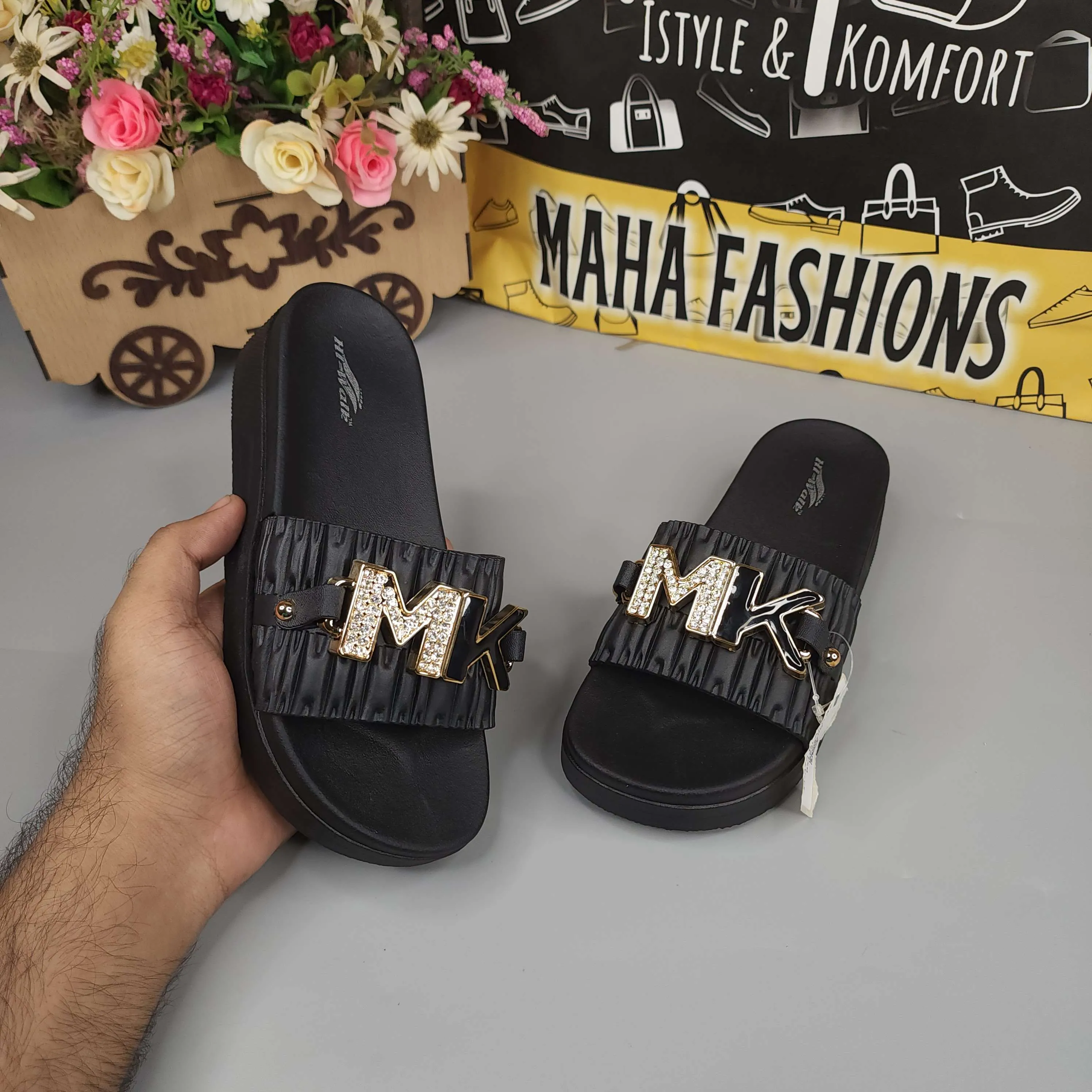 Black Wegde Slides with Buckle