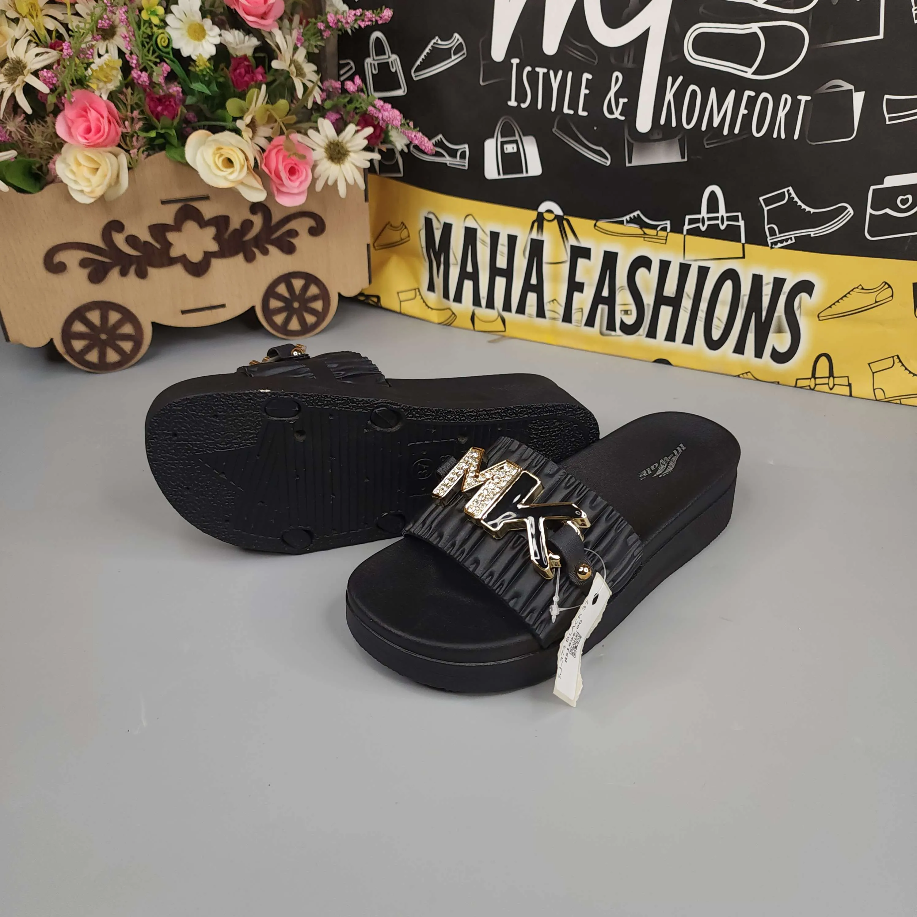 Black Wegde Slides with Buckle