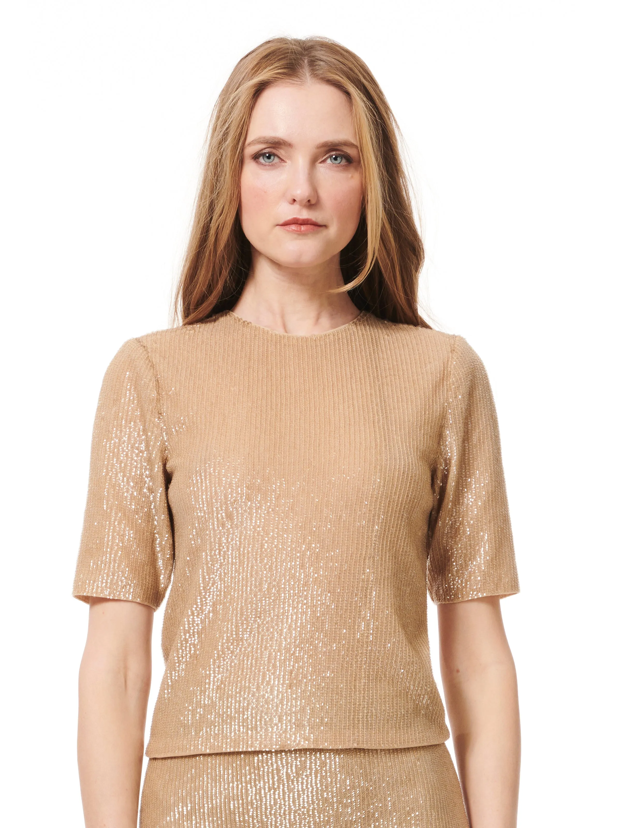 CHAMPAGNE SEQUIN CREW NECK TEE