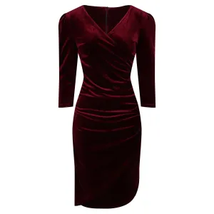 Claret Red Velour Wrapover 3/4 Sleeve Midi Dress