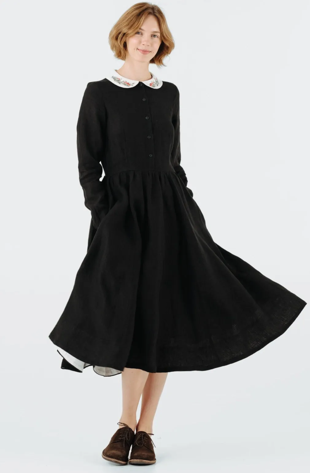 Classic Dress with Embroidered Wildwood Collar, Long Sleeve