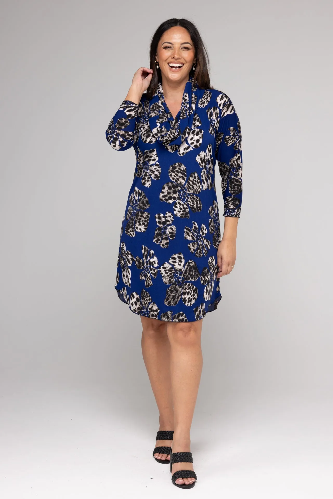 Cobalt Print 3/4 Sleeve Jersey Shift Dress