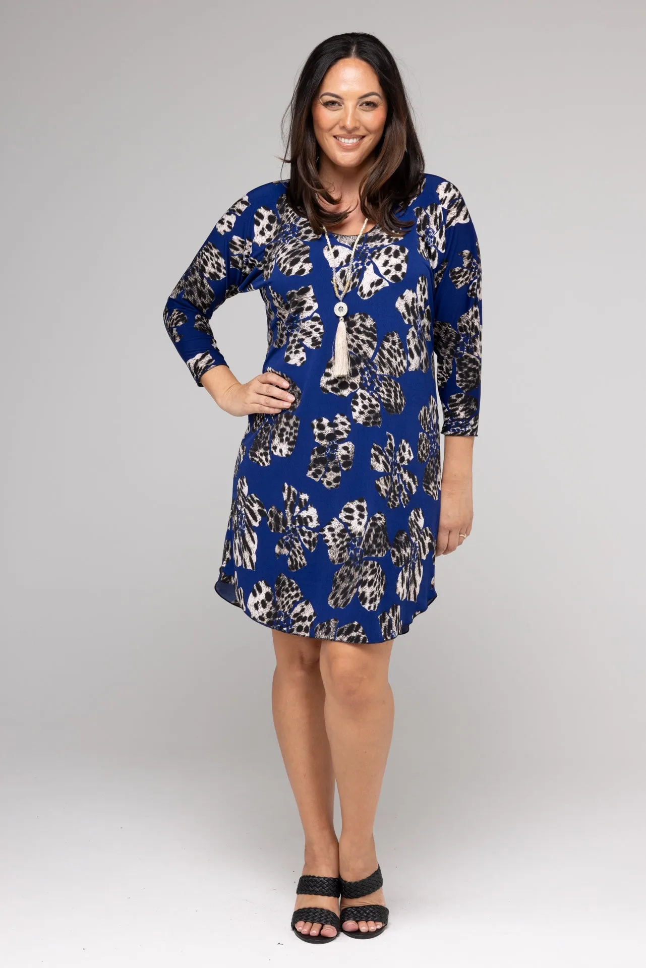 Cobalt Print 3/4 Sleeve Jersey Shift Dress