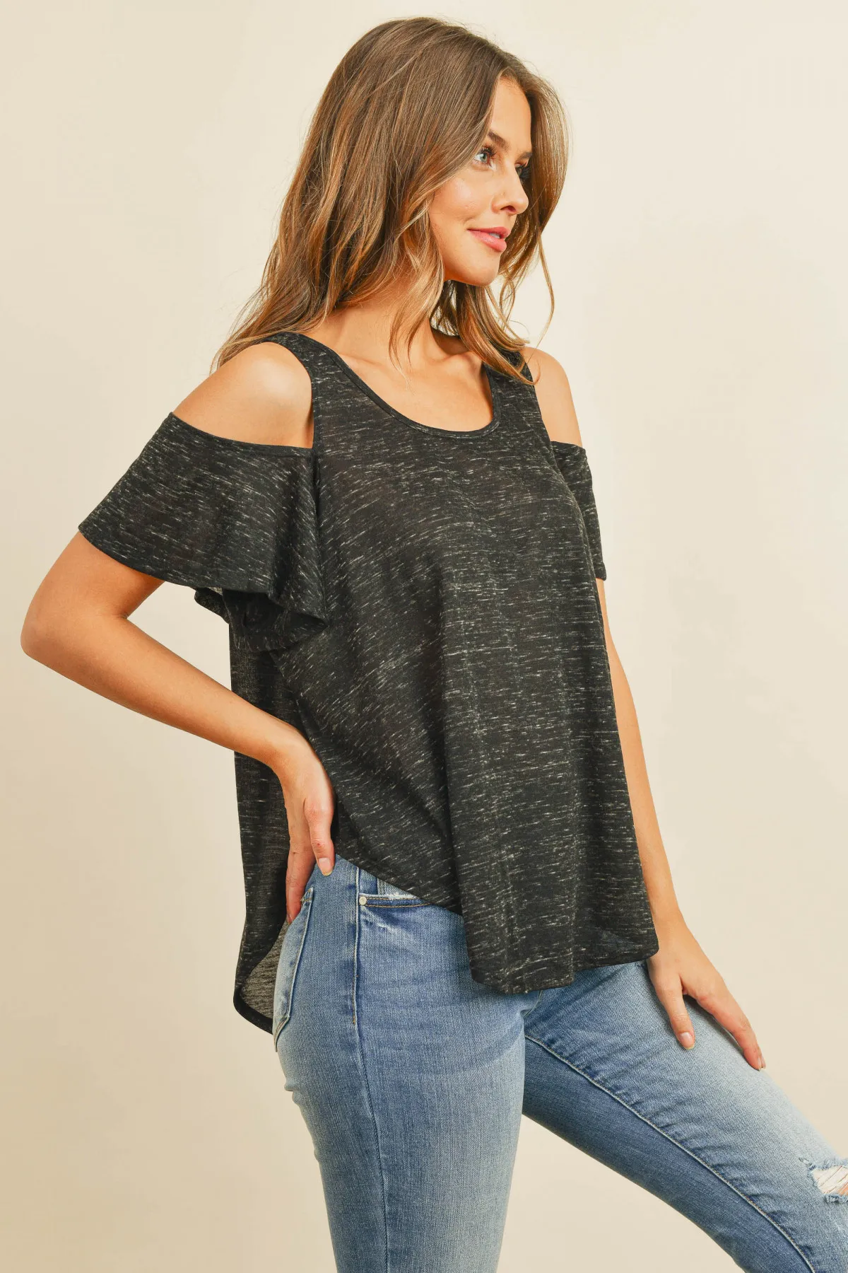 cold shoulder scoop neck curved hem top