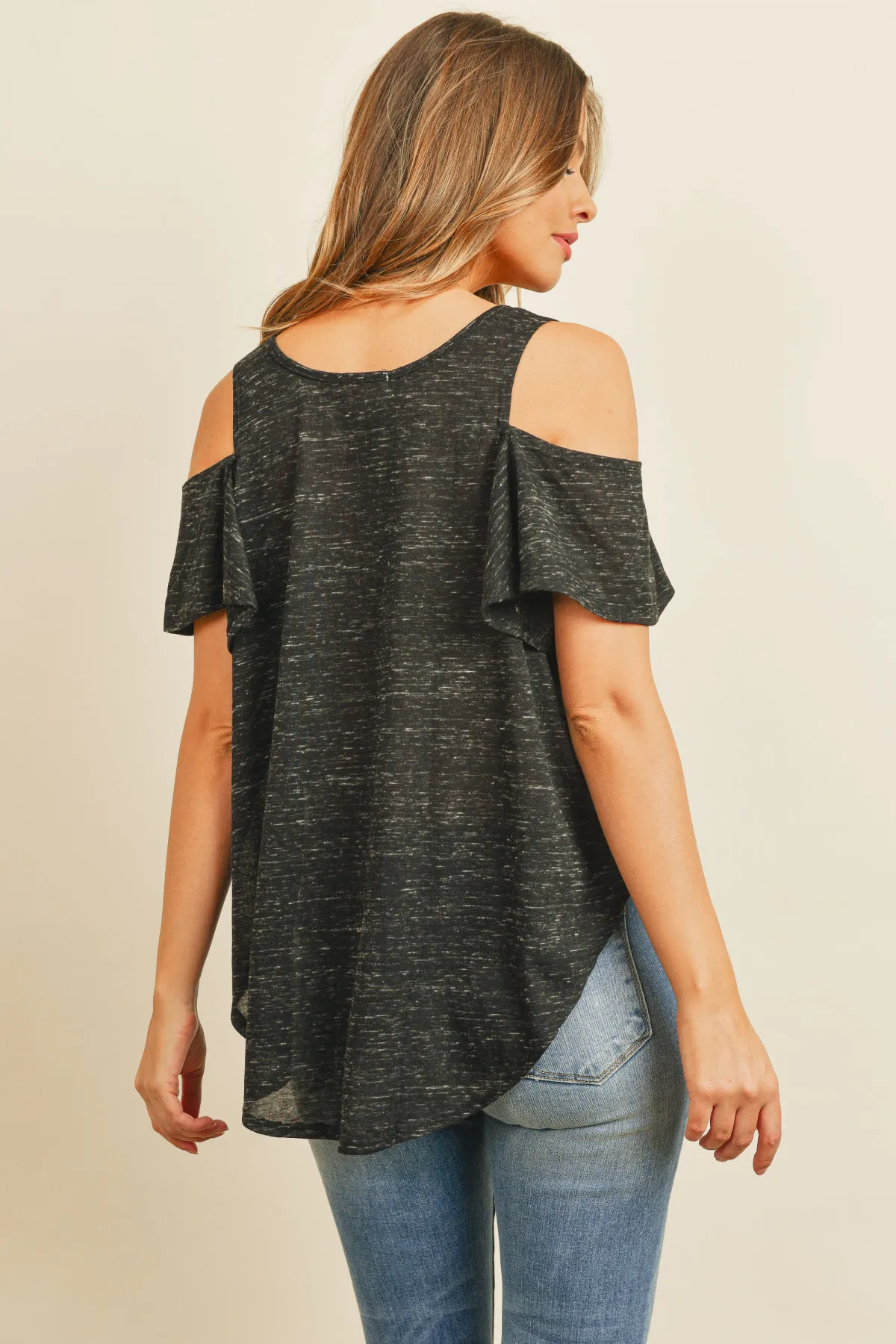 cold shoulder scoop neck curved hem top