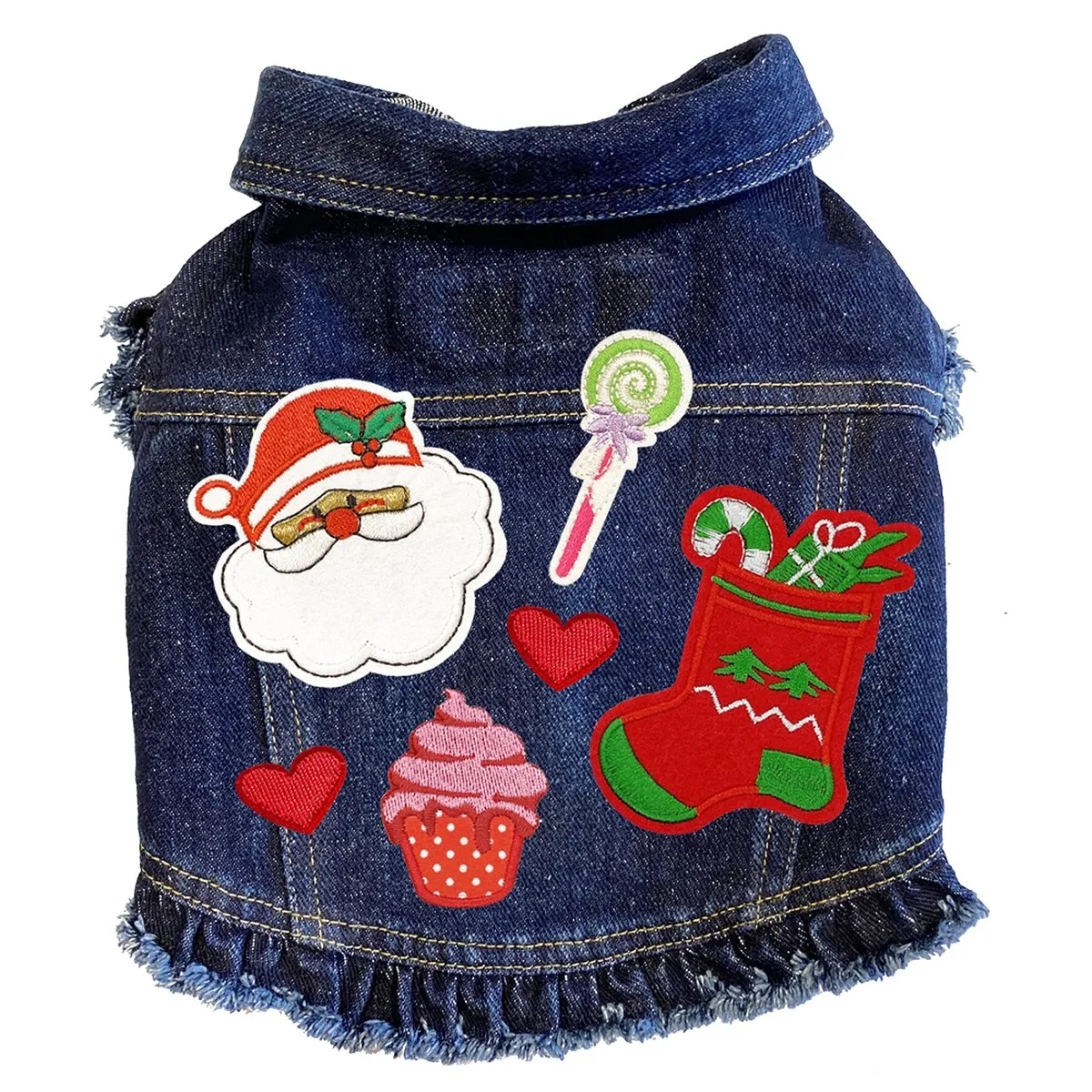 Custom Christmas Denim Dog Jacket With Ruffles Christmas Candy