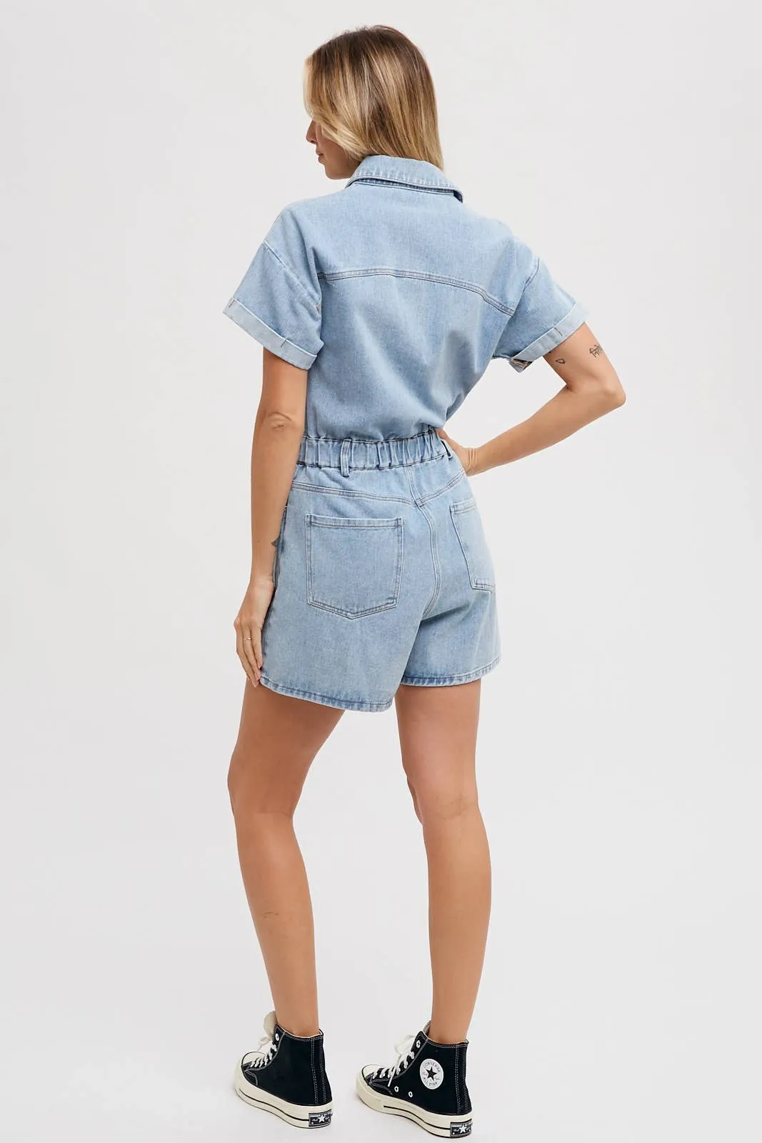 DENIM BUTTON DOWN SHIRT ROMPER