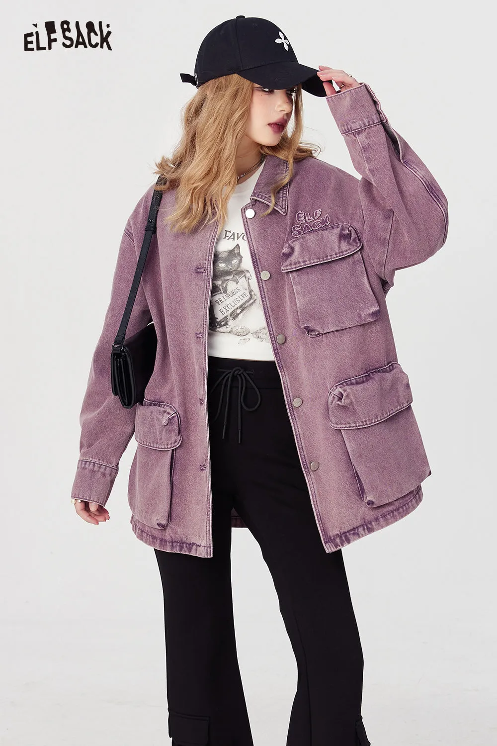 ELFSACK American style vintage mid long length denim coat for women 2024 spring new street style loose irregular loose coat large pocket button front coat