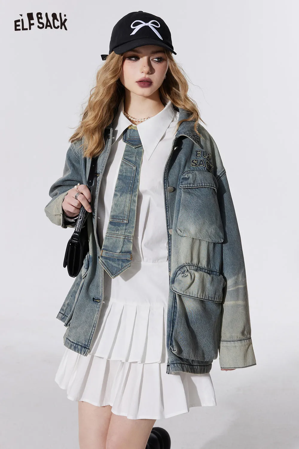 ELFSACK American style vintage mid long length denim coat for women 2024 spring new street style loose irregular loose coat large pocket button front coat