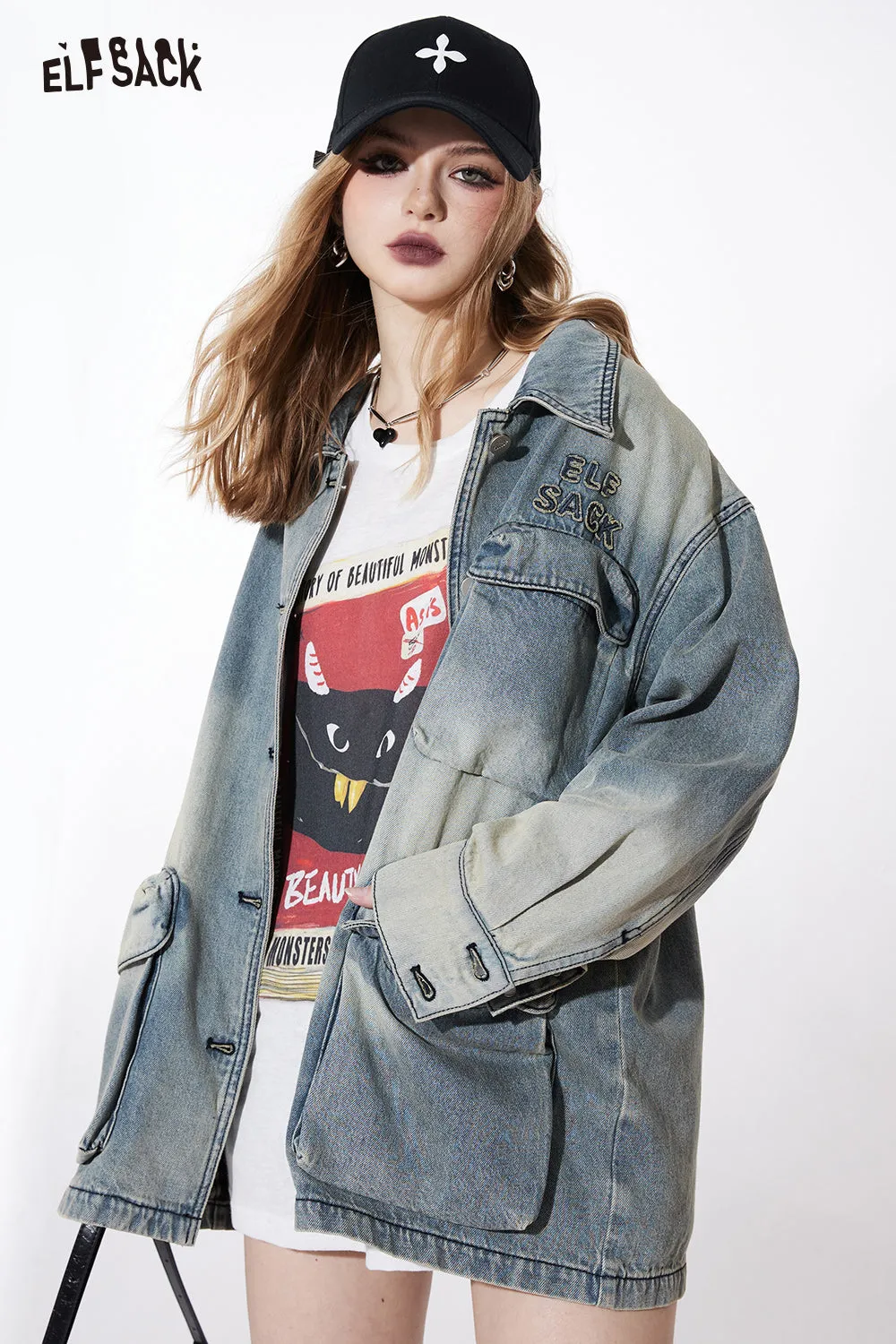 ELFSACK American style vintage mid long length denim coat for women 2024 spring new street style loose irregular loose coat large pocket button front coat