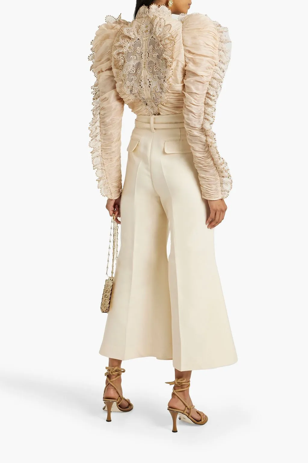 Gathered linen and silk top with crochet detailing. ZIMMERMANN, cream