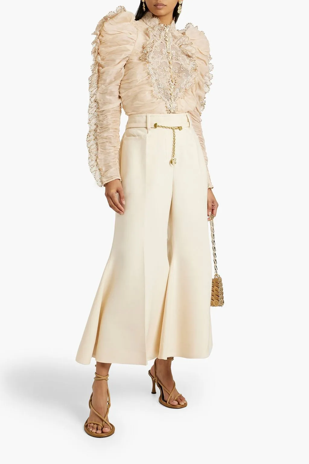 Gathered linen and silk top with crochet detailing. ZIMMERMANN, cream