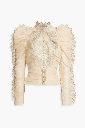 Gathered linen and silk top with crochet detailing. ZIMMERMANN, cream