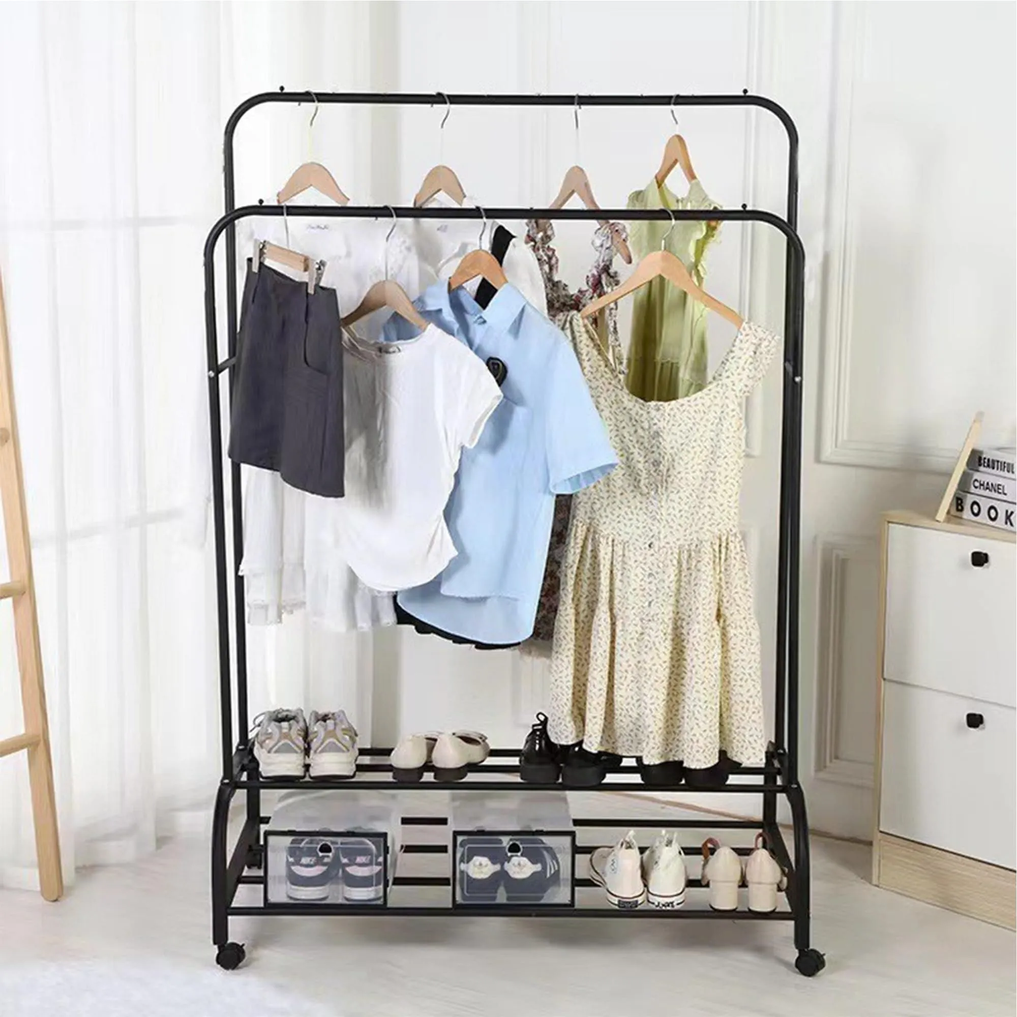 Homestic Double Rod Adjustable Clothing rack | Stainless Steel| Foldable Garment Organiser on Wheels| Rolling Bars|Color-Black| TW602-2BK