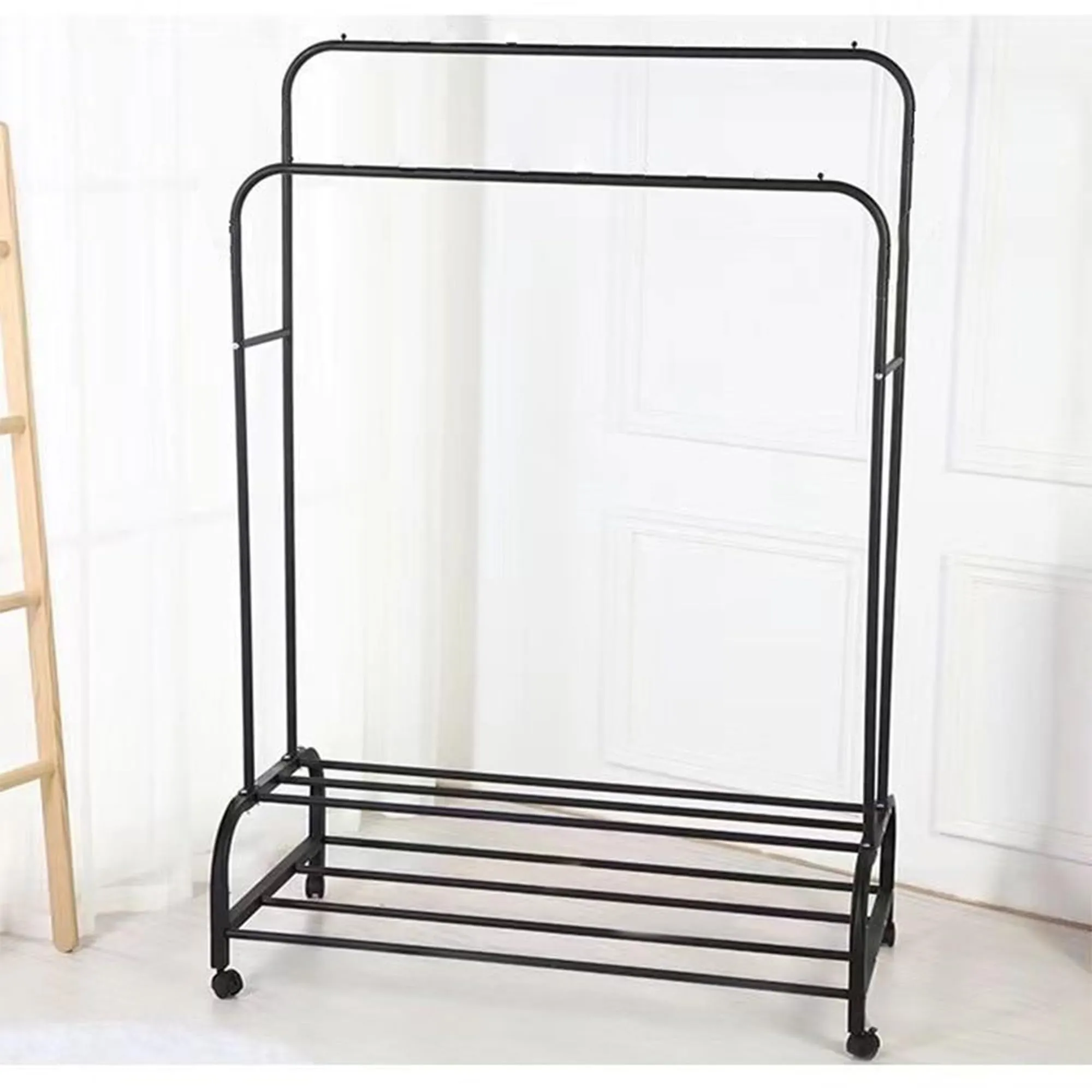 Homestic Double Rod Adjustable Clothing rack | Stainless Steel| Foldable Garment Organiser on Wheels| Rolling Bars|Color-Black| TW602-2BK