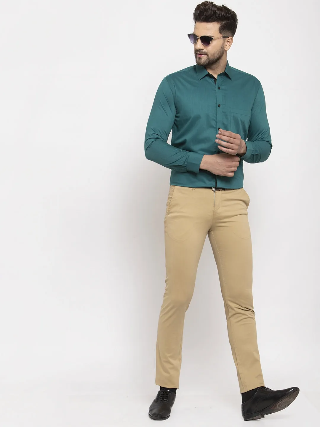 Jashvi Teal Blue Formal Shirt with black detailing