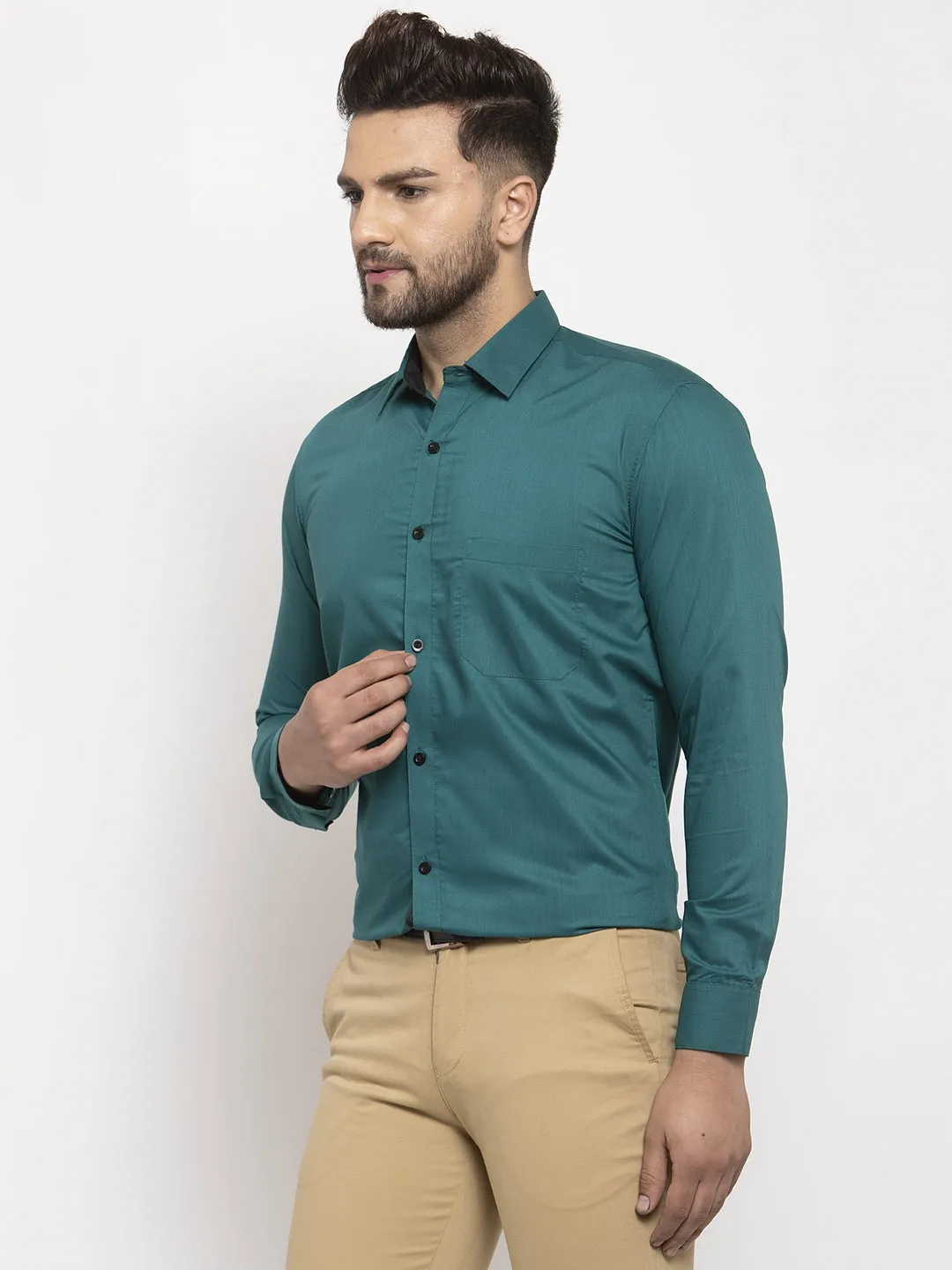 Jashvi Teal Blue Formal Shirt with black detailing