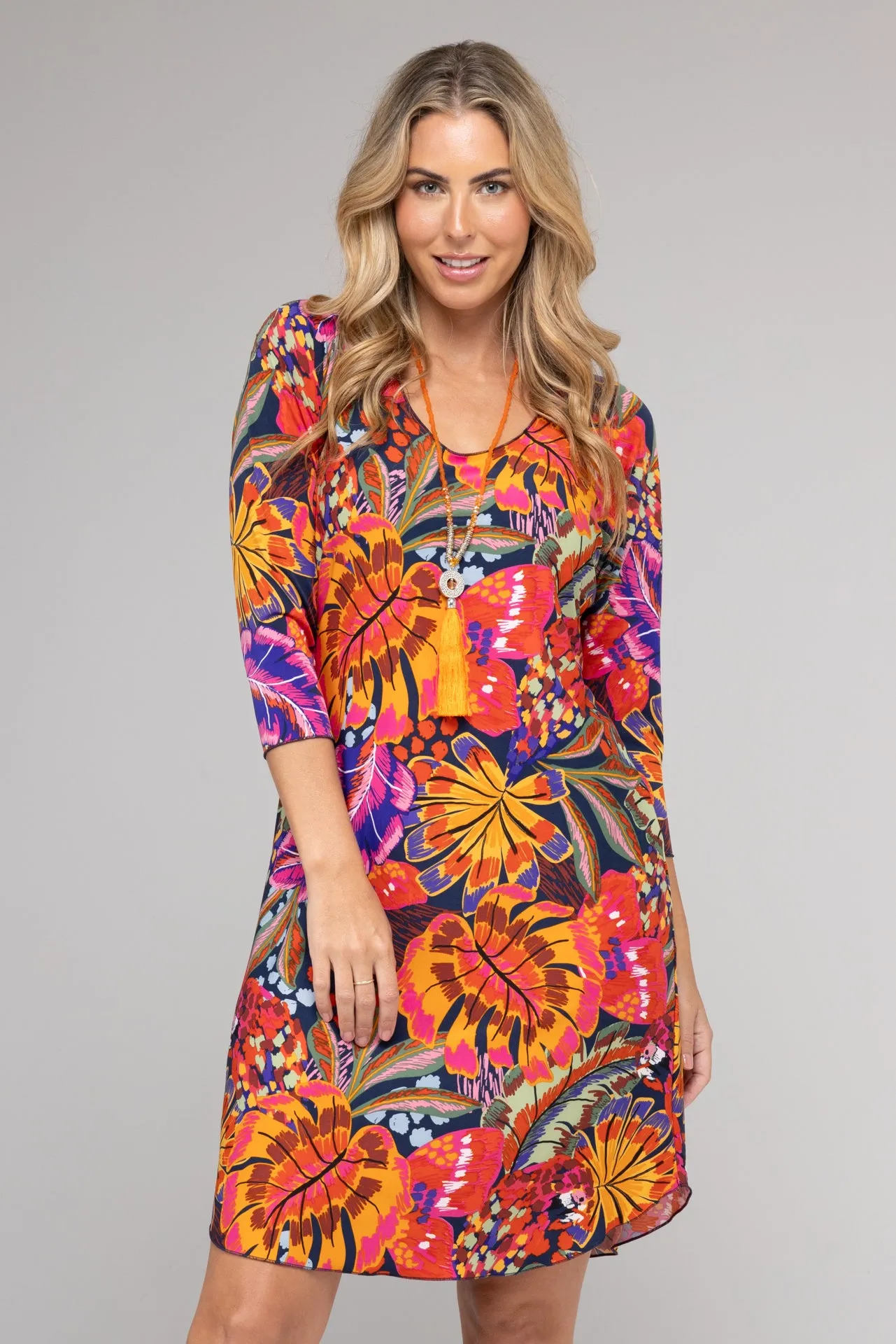 Java Print 3/4 Sleeve Jersey Shift Dress