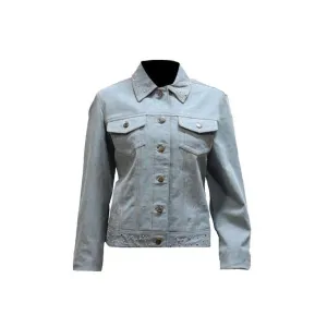 Ladies Genuine Leather Denim Look Jacket with Studs