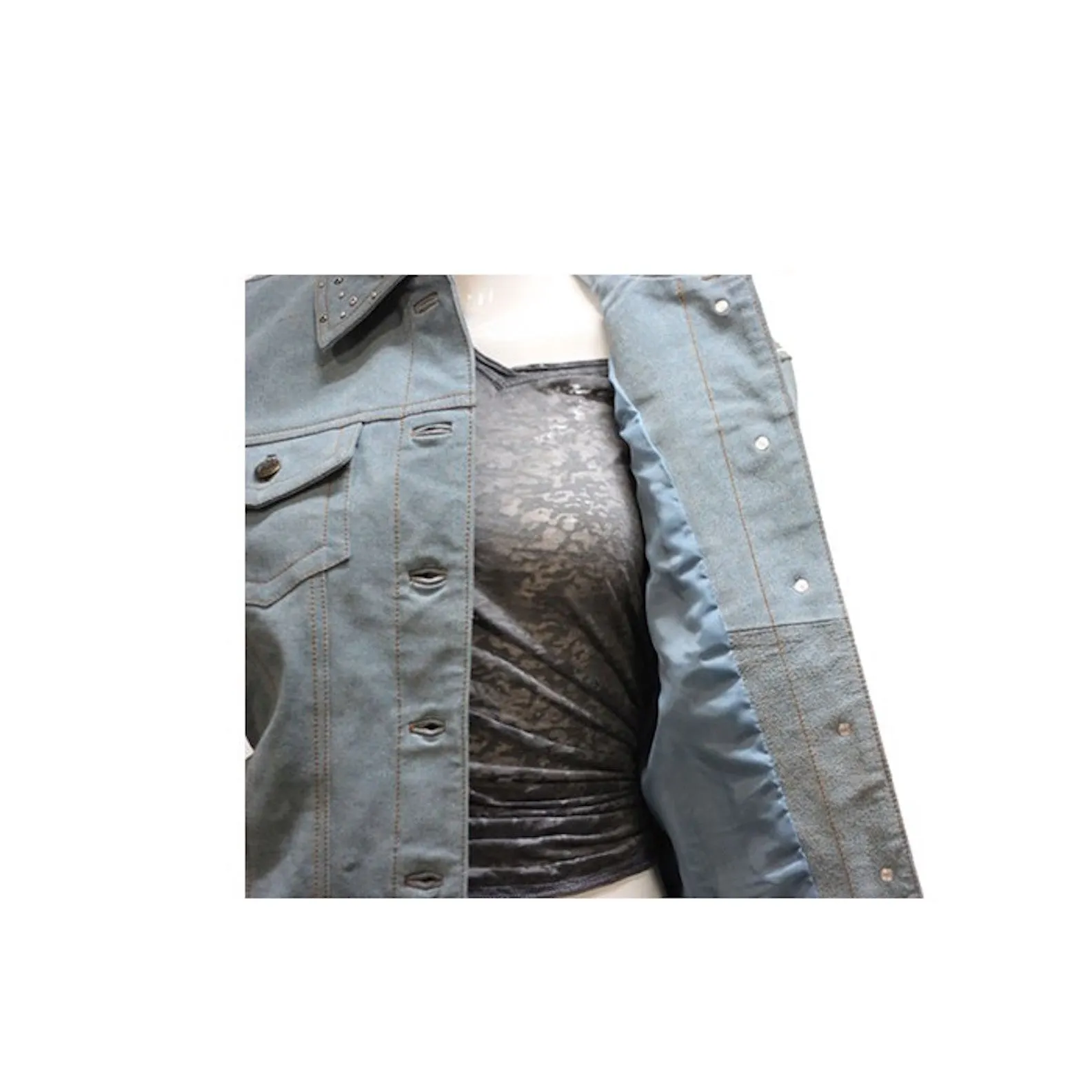 Ladies Genuine Leather Denim Look Jacket with Studs