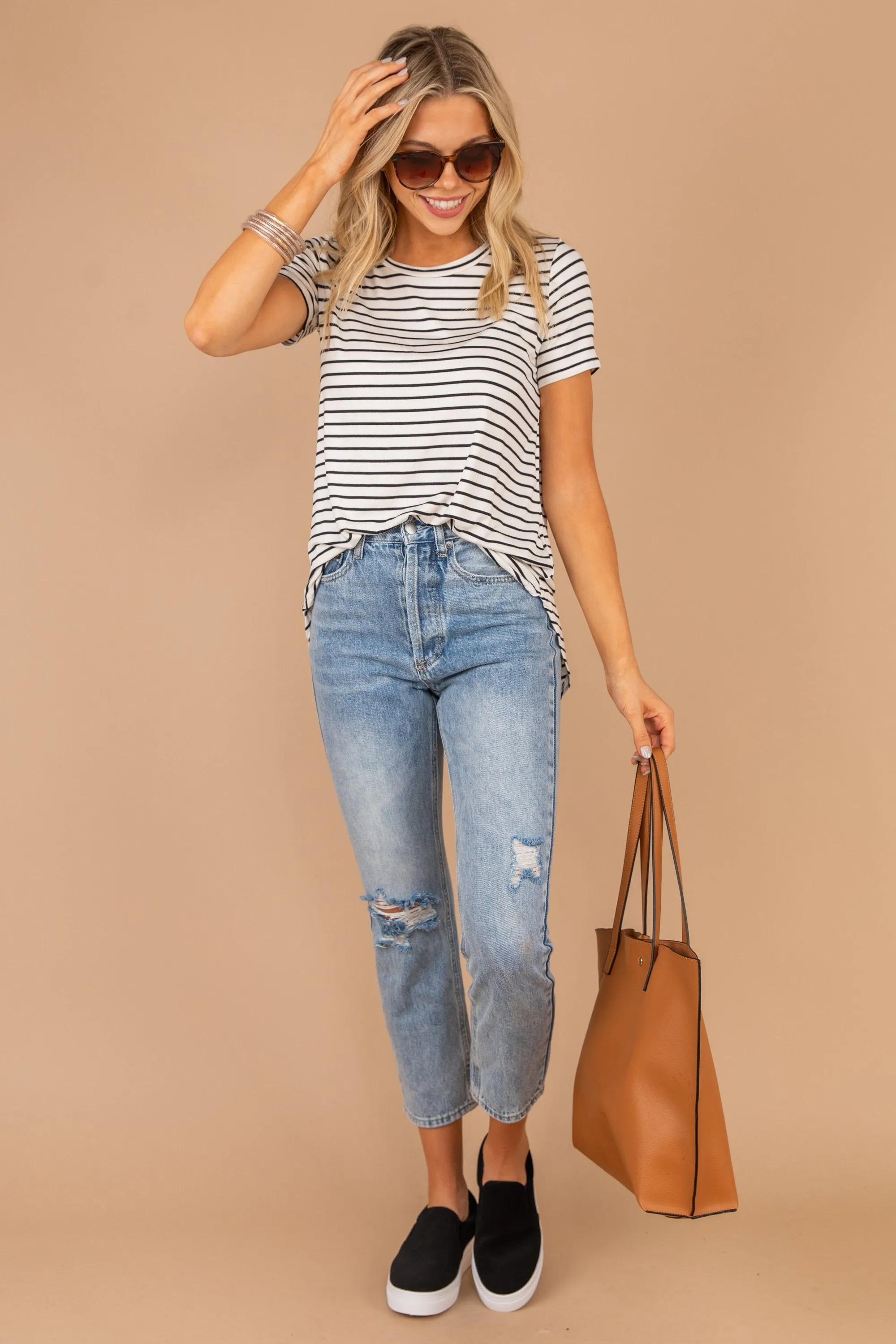 Let's Meet Later White Striped Top