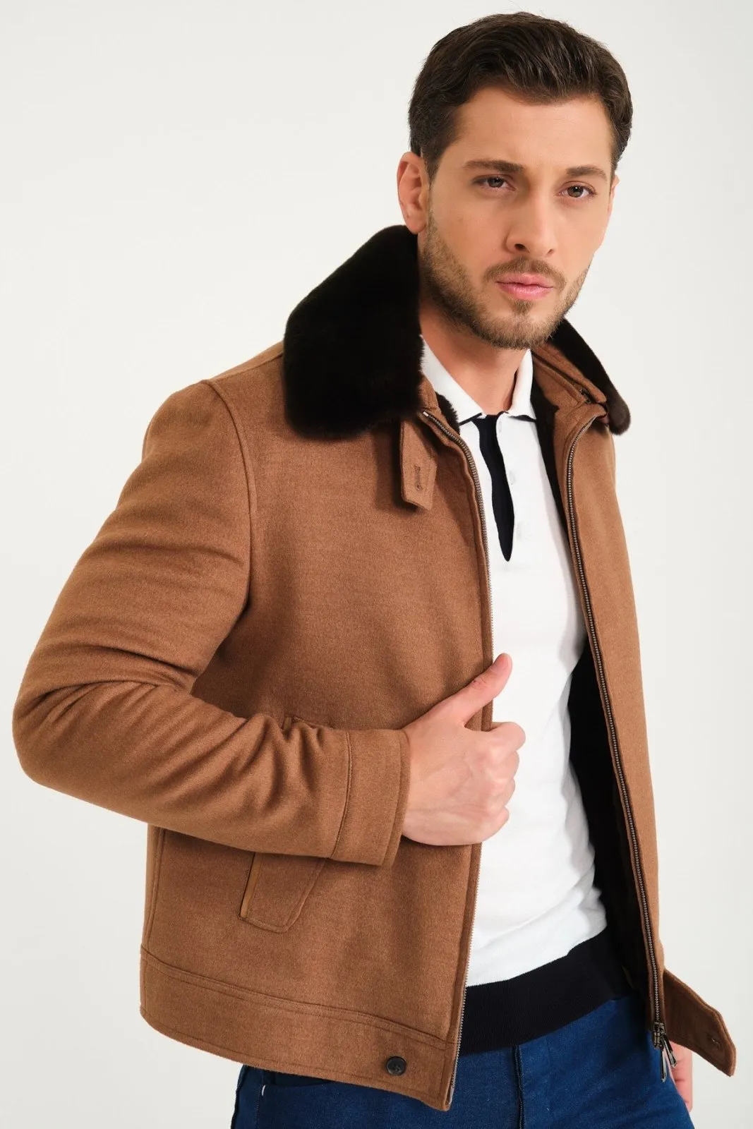 Light Brown Wool & Rex Fur Coat