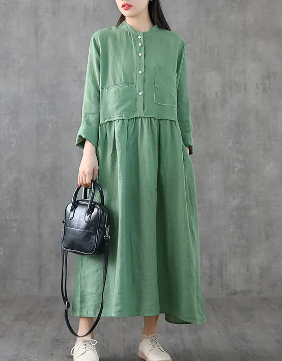 Long Sleeve Summer Spring Cotton Linen Women loose Dresses DZA2061