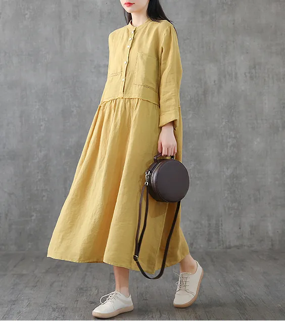 Long Sleeve Summer Spring Cotton Linen Women loose Dresses DZA2061