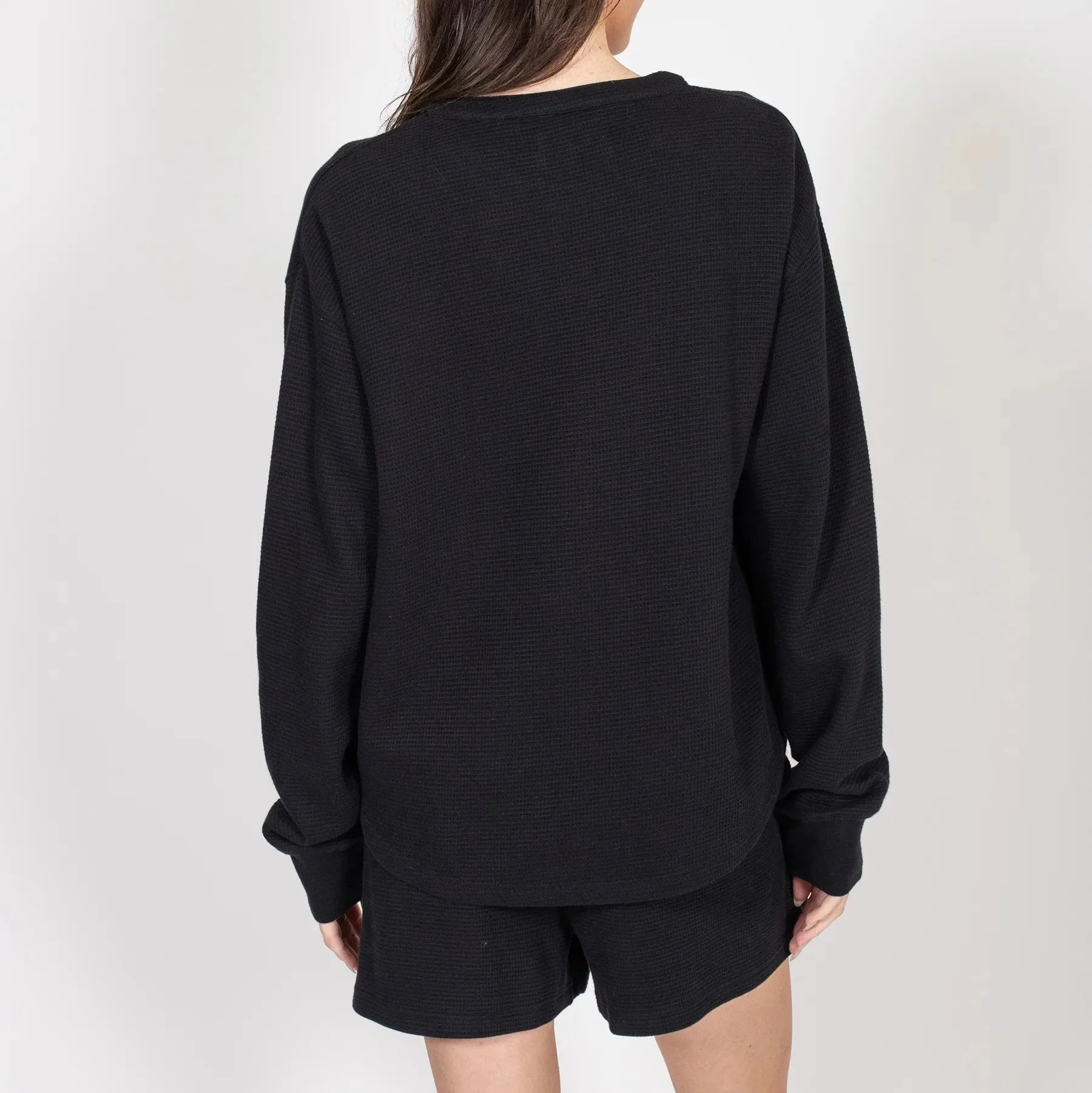 Long Sleeve Waffle Knit Boxy Henley Top