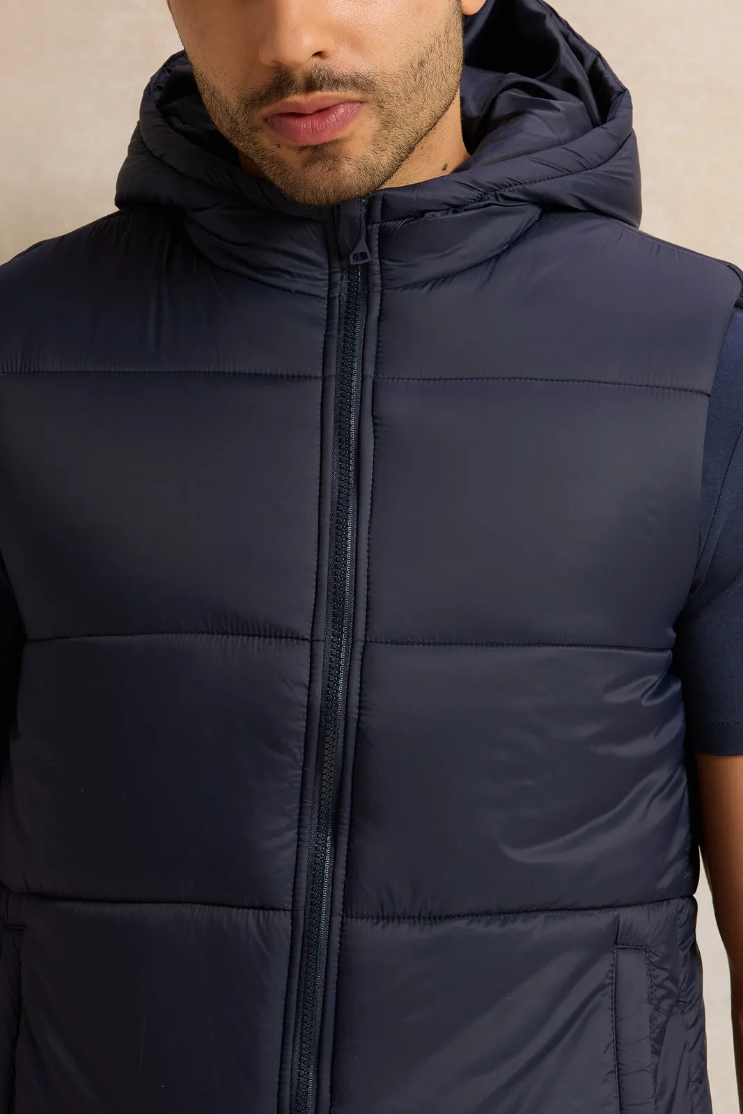 Men Navy Sleeveless Puffer Jacket