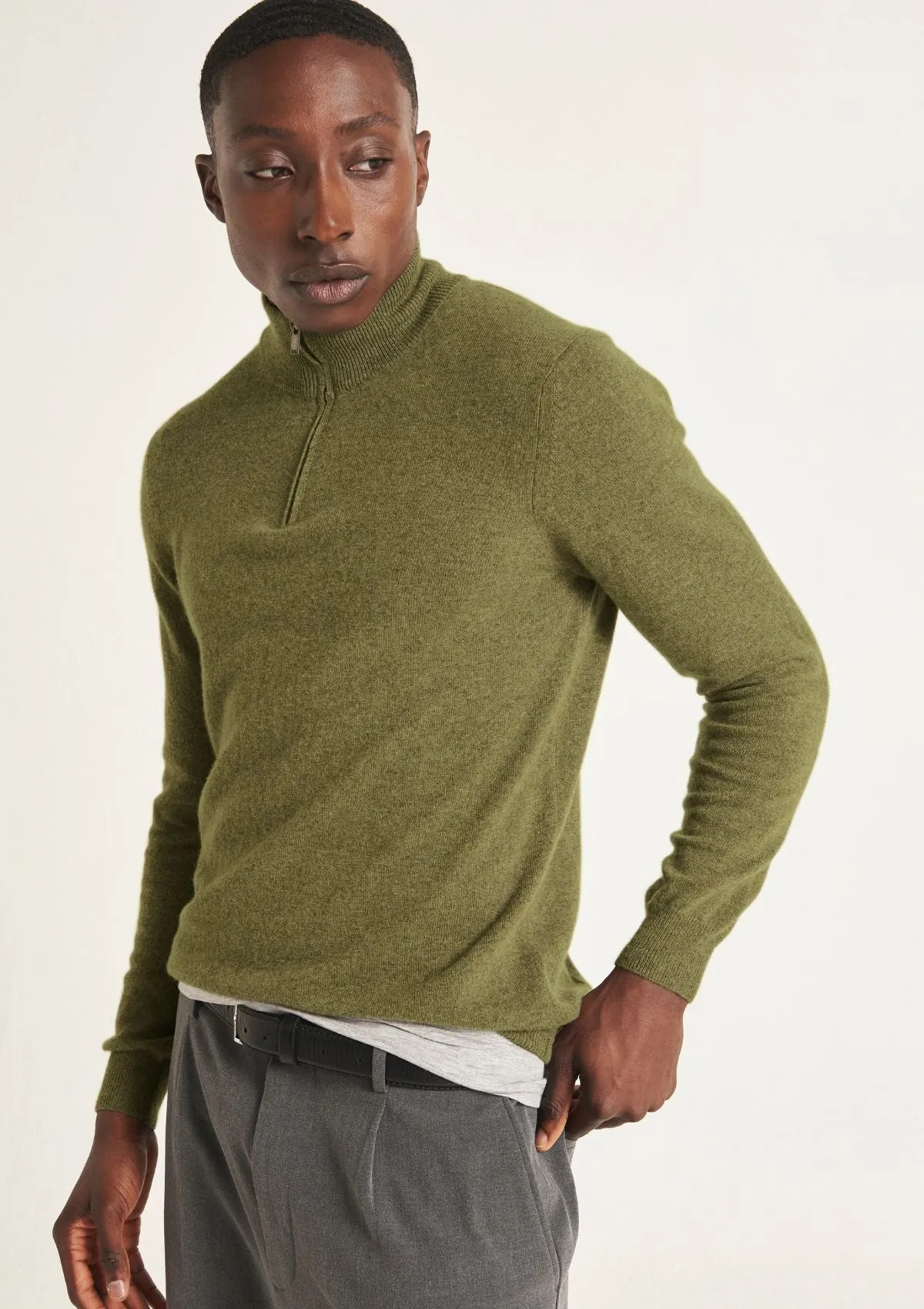 Mens Cashmere Half Zip Sweater in Bayleaf Green