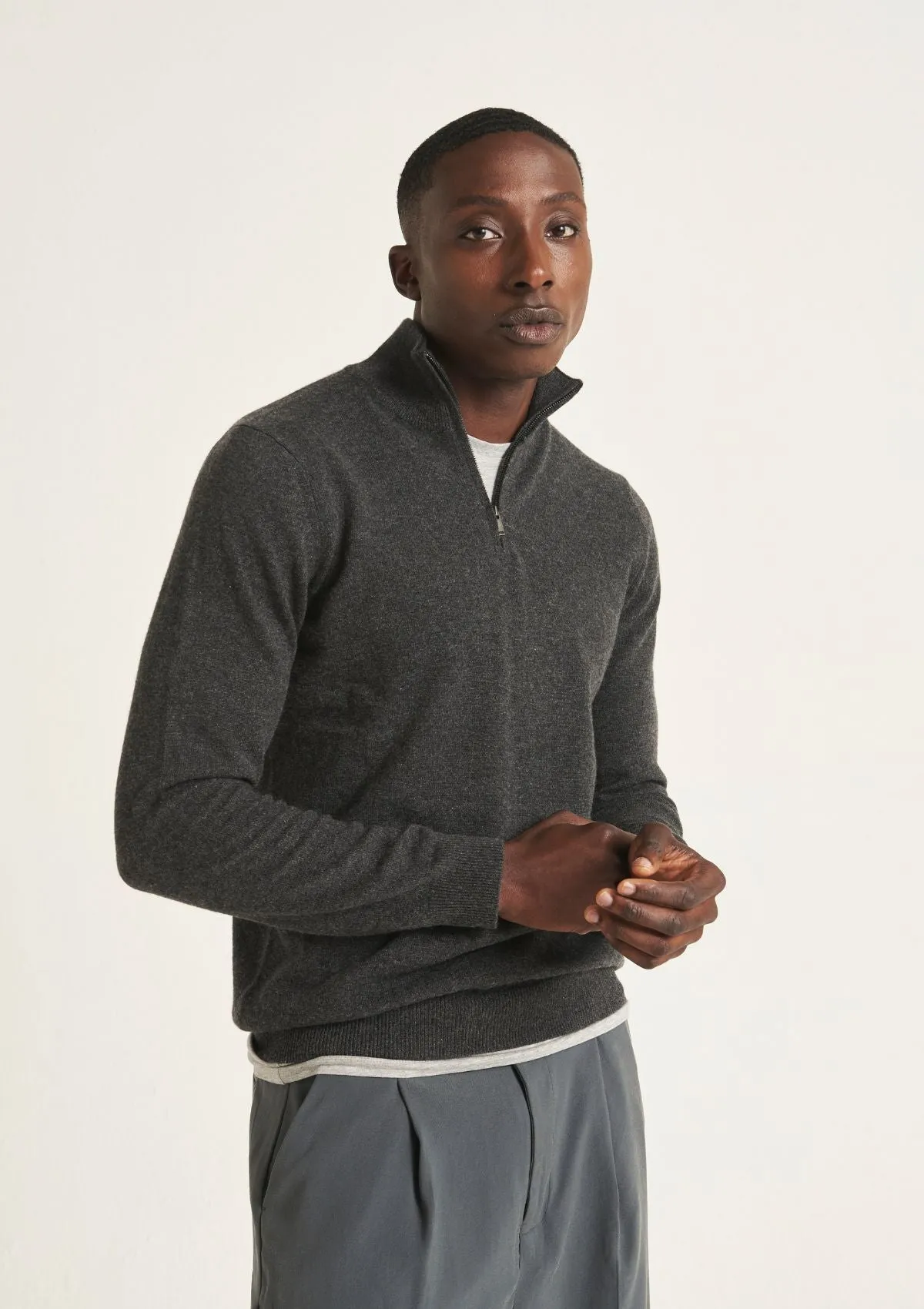 Mens Cashmere Half Zip Sweater in Flannel Grey