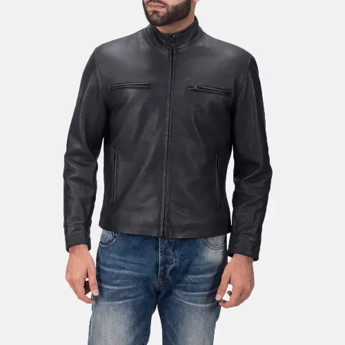 Mens Plain Black Leather Jacket