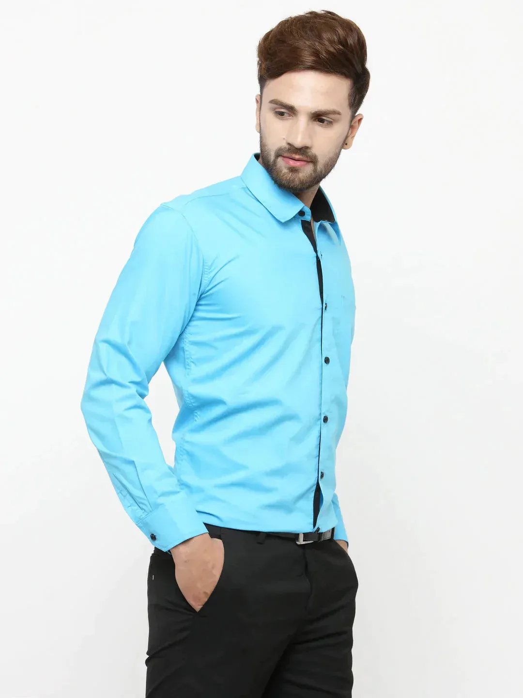 Men's Sky Blue Formal Shirt with black detailing - Taantav