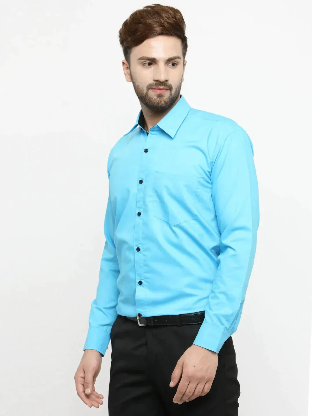 Men's Sky Blue Formal Shirt with black detailing - Taantav