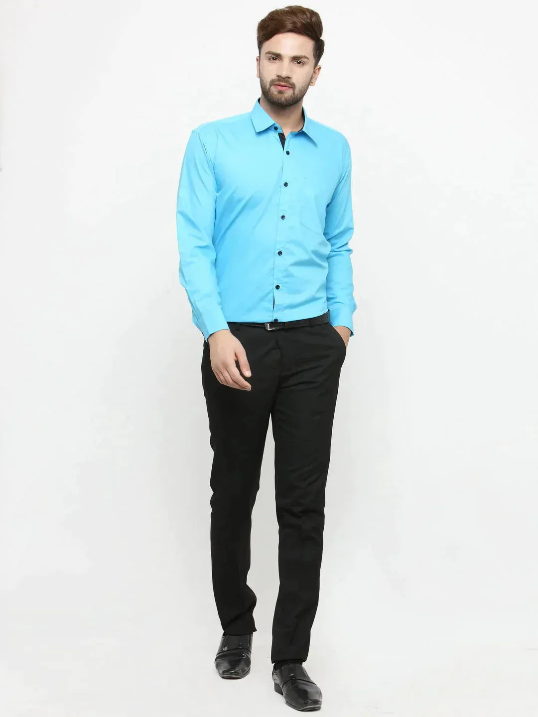 Men's Sky Blue Formal Shirt with black detailing - Taantav