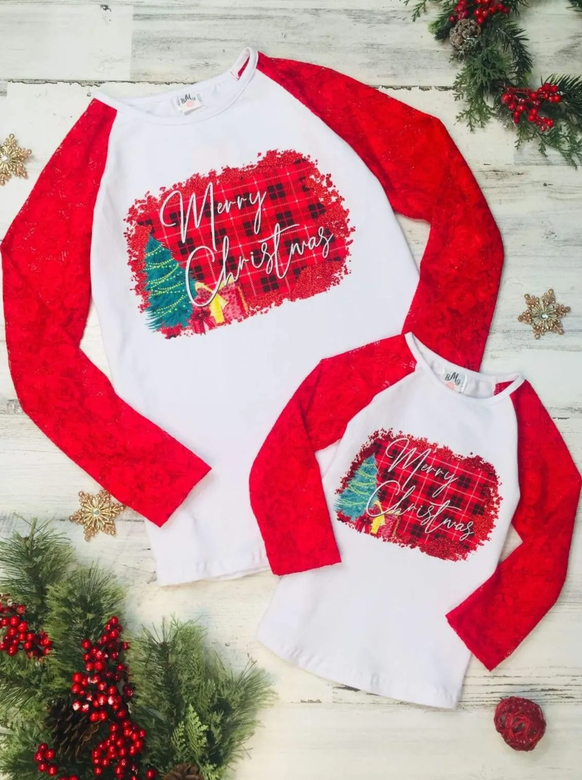 Mommy and Me Merry Christmas Raglan Lace Top